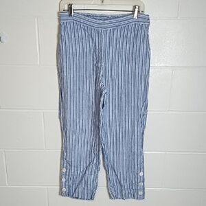 Casual Lagenlook Denim Blue Striped Linen Cropped Pants with Button Accents